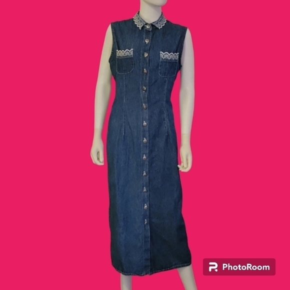 Vtg JIM ELLIOT Western Denim Chambray Sleeveless Button Down Midi Dress - Picture 1 of 14